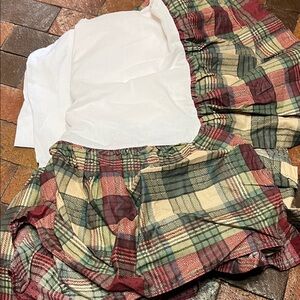 Echo Queen bed skirt green burgundy, and beige plaid